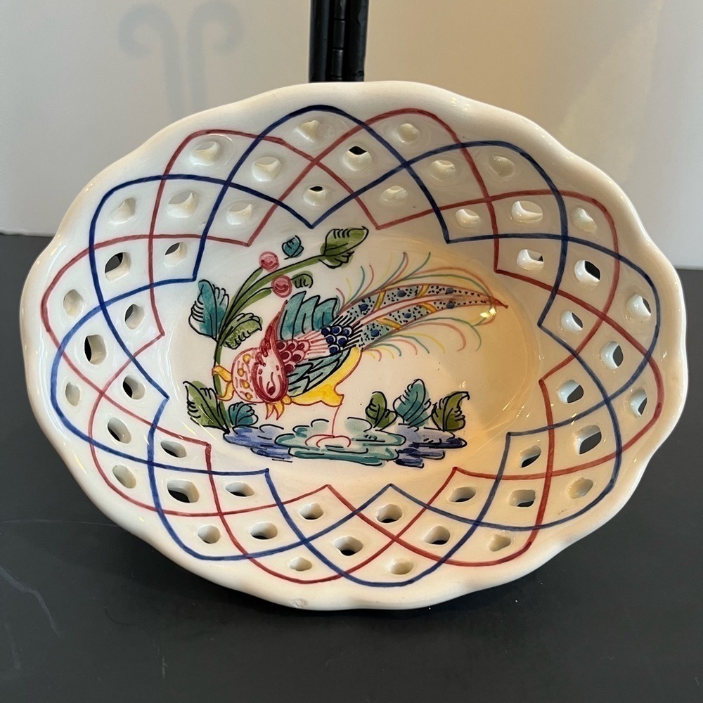 Vintage Reticulated Hand-painted Ceramic Basket